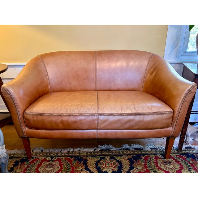 1930s 1930s Mid-Century Cognac Leather Loveseat + Pair of Barrel Chairs For Sale - Image 5 of 8