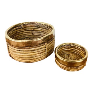 Vintage Pair of Gabriella Crespi Style Pencil Reed Rattan & Brass Round Basket Tray / Trays For Sale