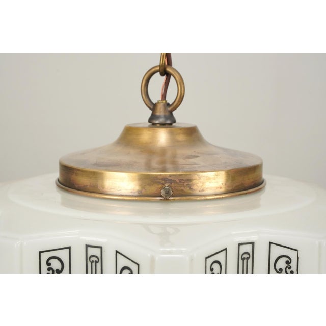 Art Deco Vintage Art Deco Scalloped Stenciled Opal Glass Pendant Light For Sale - Image 3 of 8