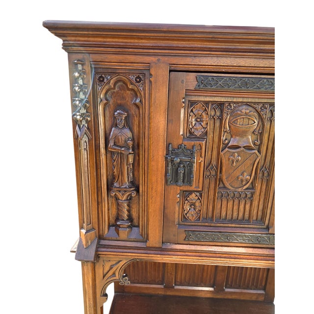 Antique Karpen Furniture French Gothic Cabinet Oak Vestry Altar Wine Bar Hutch For Sale - Image 11 of 18