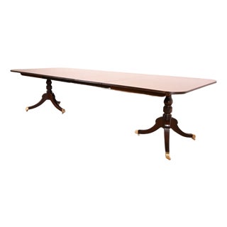 Baker Furniture Georgian Banded Mahogany Double Pedestal Extension Dining Table, Circa 1980s For Sale