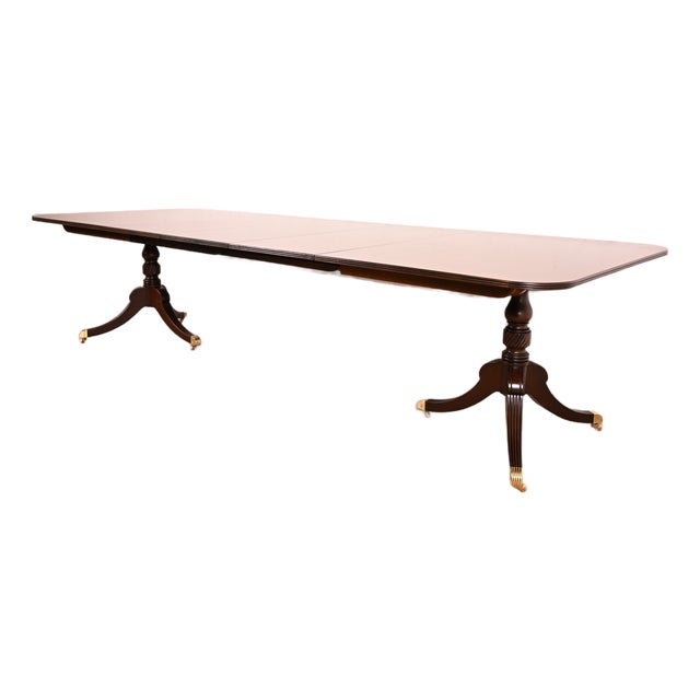 Baker Furniture Georgian Banded Mahogany Double Pedestal Extension Dining Table, Circa 1980s For Sale