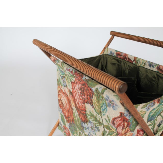 Wood Vintage Folding X-Base Knitting/Sewing Basket W/ Floral Motif For Sale - Image 7 of 9
