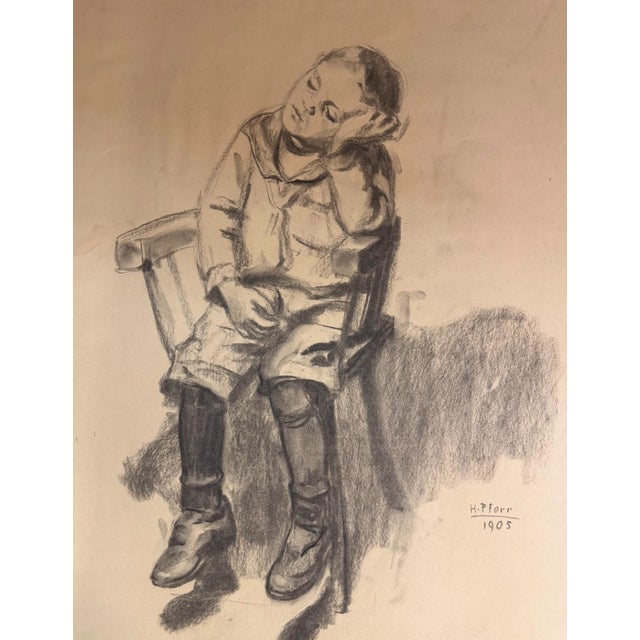 Beige Heinrich Pforr, Midday Nap Sleeping Boy on Chair, 1905, Charcoal on Paper For Sale - Image 8 of 12