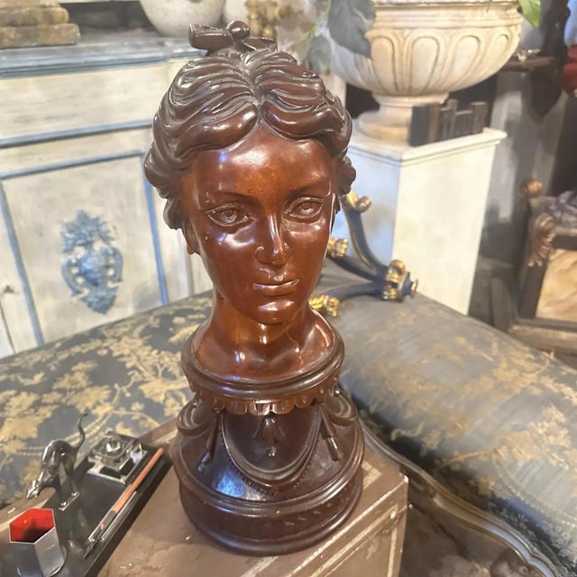 1900s A Sicilian Art Nouveau Wood Sculpture of a Bust of a Young Woman For Sale - Image 13 of 17