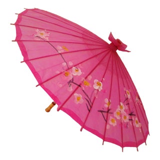 Vintage Asian Fushia Hand-Painted Floral Parasol For Sale