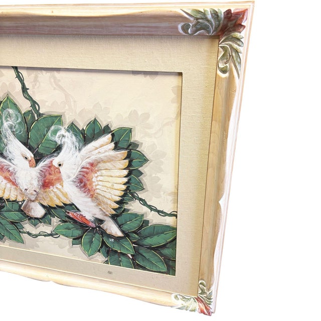 Mid-Century Hawaiian Cockatoo & Botanical Airbrush Original Painting Signed Seay, Framed For Sale - Image 9 of 12