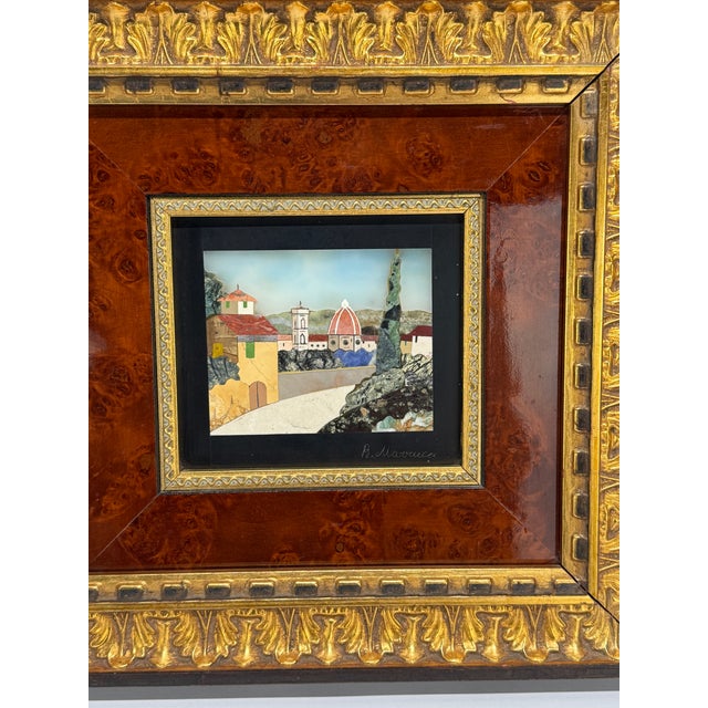 Wood Italian Pietra Dura View of Florence in Parcel-Gilt and Burl Veneer Frame For Sale - Image 7 of 7