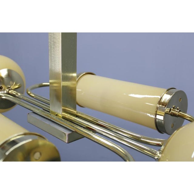 Czech Art Deco Brass Chandelier with Globe and Opaline Shades, 1930s For Sale - Image 8 of 18