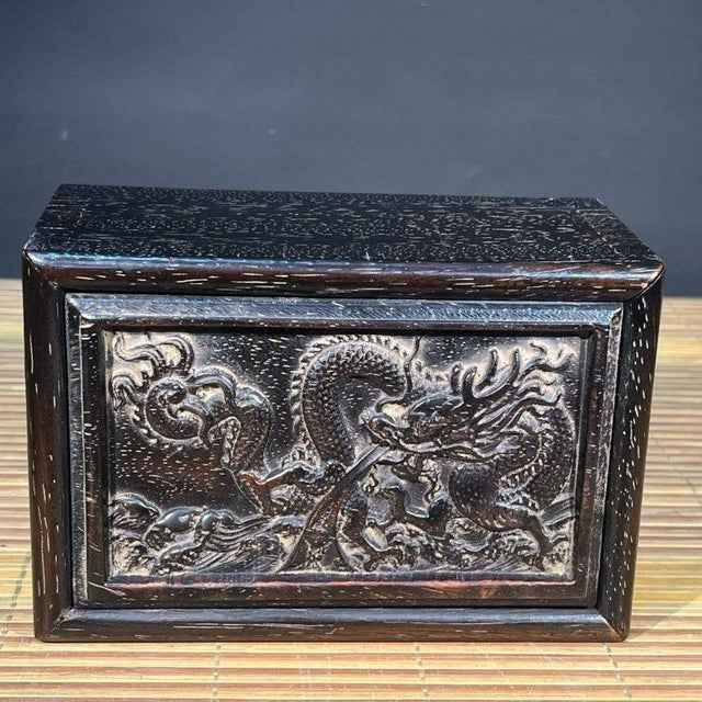 1990s Carved Hardwood Sliding Jewelry Box With Flying Dragon Relief For Sale - Image 5 of 9