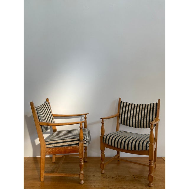 Brown Pair of Mid-Century Scandinavian Modern Beech Lounge Chairs in Striped Upholstery For Sale - Image 8 of 17