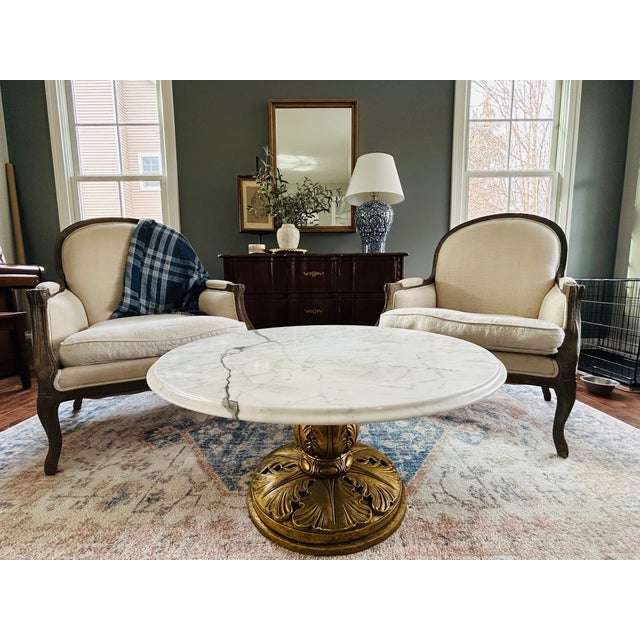 1960s Conmar Italian Hollywood Regency Coffee Table With Carrara Marble Top | Hand-Carved Giltwood Acanthus Pedestal | Made in Italy For Sale - Image 15 of 15