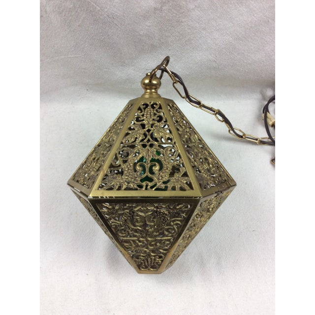 Hollywood Regency Octagonal Brass Filigree Hanging Lamp on Brass Link Chains For Sale - Image 12 of 12