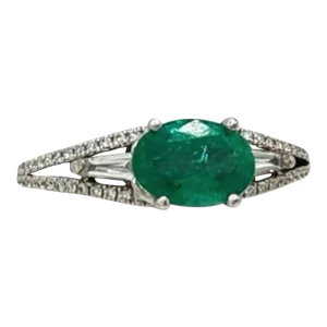 Emerald and White Diamond Ring in 18K White Gold, size 5.75
