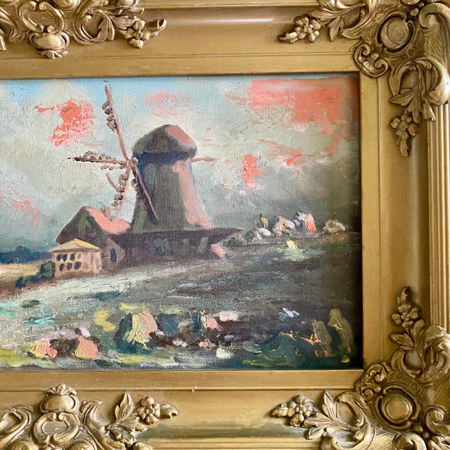 Antique Gold Ornate Frame With Oil on Canvas "Windmill at Dusk" For Sale In Sacramento - Image 6 of 10