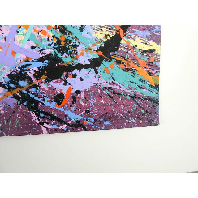Abstract Expressionist painting on heavy paper, heavy paint application in spots. In black, lavender, yellow, blue and...