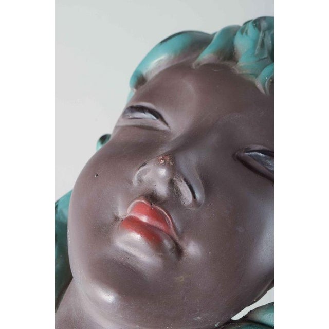 Mid-Century Ceramic Bust of Woman with Turquoise Hair by Gino Manca For Sale - Image 3 of 5