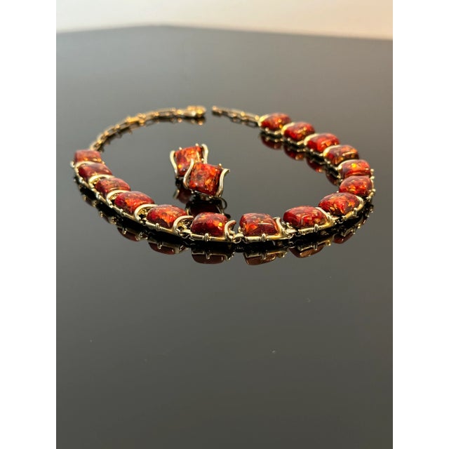 Mid 20th Century Vintage 1950's Coro Autumn Lucite Confetti Burnt Necklace and Earrings Set Orange Gold Flakes - 3 Pieces For Sale - Image 5 of 12