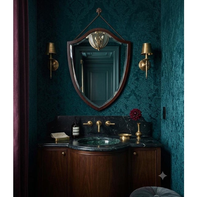 1980s Beveled Shield Shaped Cherry Hepplewhite Mirror by Bombay Company 21” × 26” — Chain Hung - Ralph Lauren, British Colonial, Grandmillennial. See Pics! For Sale - Image 5 of 9
