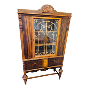 Antique Jacobean Style Display Cabinet With Leaded Glass