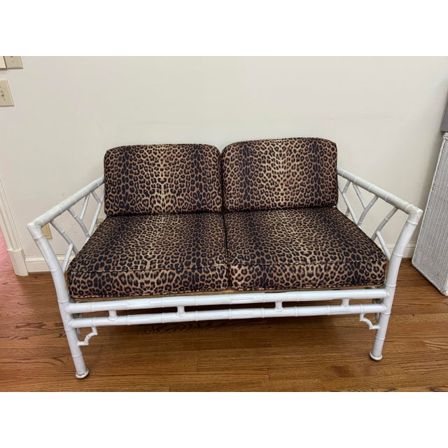 Chinoiserie Mid 20th Century Vintage Faux Bamboo Iron Chinoiserie Loveseat Settee With Leopard Print Cushions For Sale - Image 3 of 12