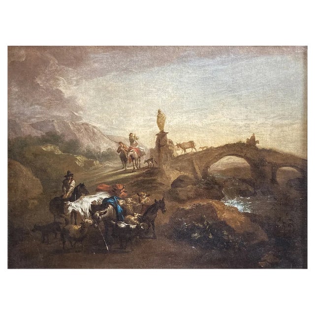 Nicolaes Berchem, Paesaggio Latino con Viandanti e Armenti, 1600s, Oil on Canvas, Framed For Sale