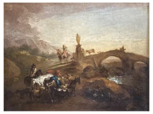 Nicolaes Berchem, Paesaggio Latino con Viandanti e Armenti, 1600s, Oil on Canvas, Framed