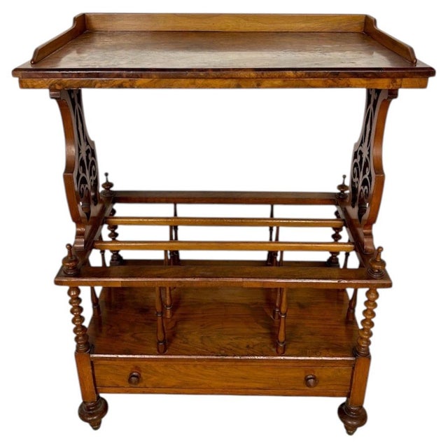 Victorian 1930s Victorian Walnut Canterbury Magazine Rack with Tray Top For Sale - Image 3 of 10