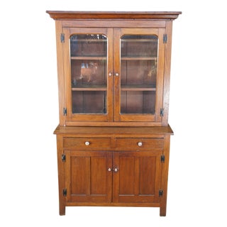 Antique Early American Stepback Farmhouse Oak Kitchen Cupboard Display Cabinet For Sale