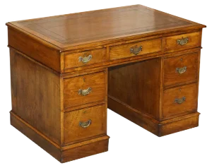 Georgian Oak & Brown Leather Partners Pedestal Desk, 1800s