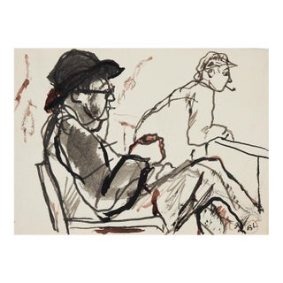 Early 20th Century Plein Air Ink and Watercolor Study of Men Drawing For Sale