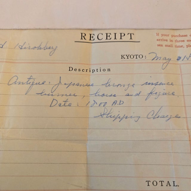 Antique Bronze Scholar on Horse Incense Burner 1800 Ad With Original Bill of Sale From Yamanaka & Co LTD Kyoto For Sale - Image 14 of 17