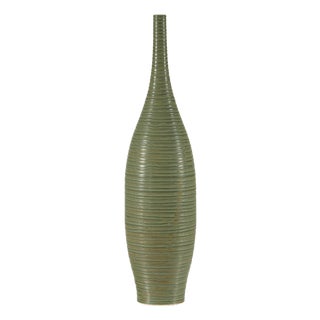 Tall Ribbed Artisan Ceramic Vase with Green Glaze and Narrow Neck For Sale