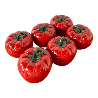 Vintage 1960s Italian Glazed Ceramic Tomato Lidded Bowls - Set of 6 For Sale