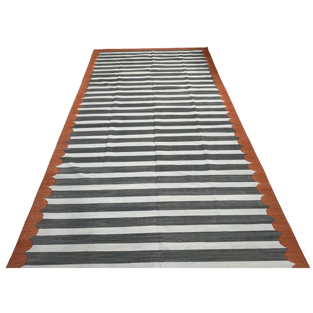 Textile Handmade Cotton Area Rug, Vegetable Dyed, Sky Blue, Gray and Terracotta Striped Dhurrie -8'x12' For Sale - Image 7 of 13