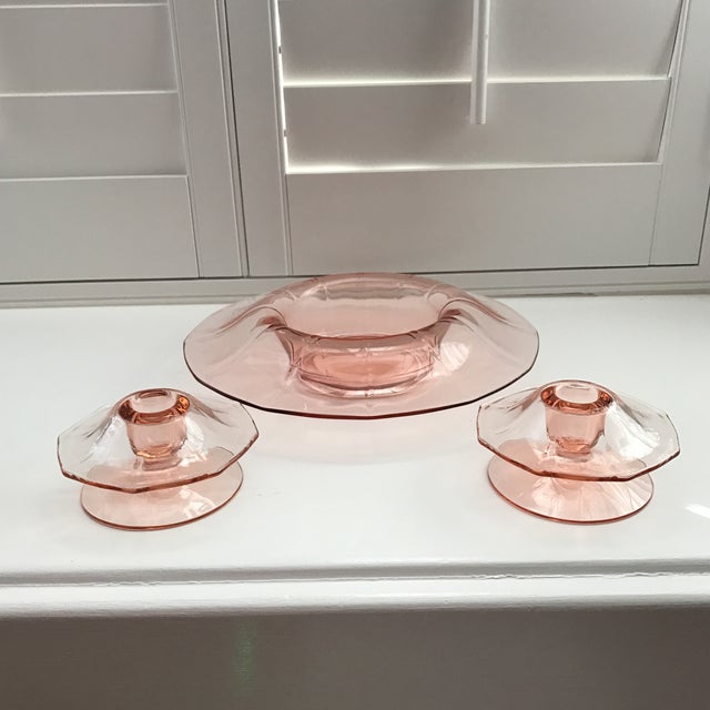 Pink Depression Glass Console Bowl & Candle Holder Set of 3 Chairish