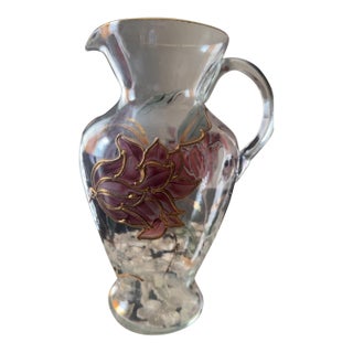 Vintage Hand-Painted Enamel Glass Pitcher | Bohemian Art Glass | Art Nouveau Floral Vase | Raised Gold Gilt | 10” For Sale