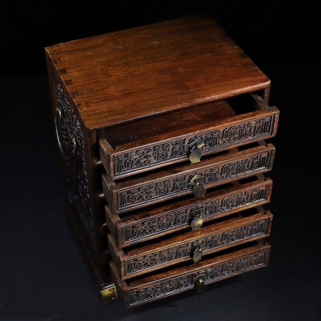 Carved Hardwood Five-Drawer Tabletop Cabinet With Brass Hardware For Sale - Image 4 of 9