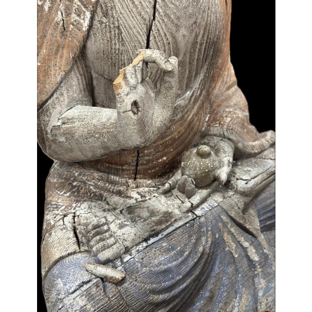 Antique Chinese Polychrome Wood Buddha on Double Lotus Base Large 42” For Sale - Image 9 of 10
