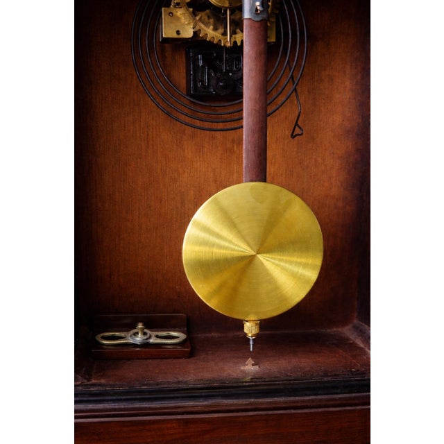 Wood Late 20th Century PPL 31-Day Wall Clock With Pendulum Window, Wood Case (Traditional Mechanical Style) Measurements: 26" H × 12" W × 5.5" D For Sale - Image 7 of 8