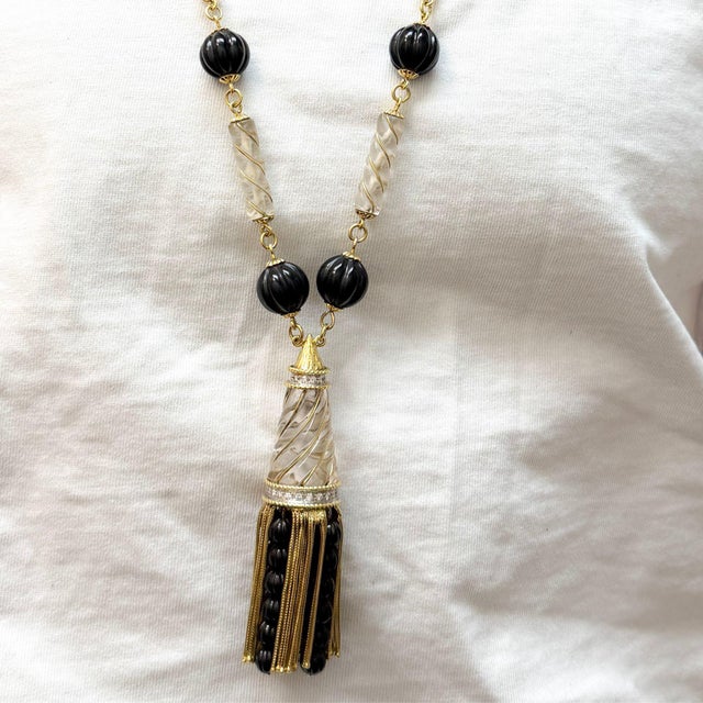 Vintage 18k Gold Tassel Necklace Quartz Black Onyx Diamond - 30 Inches For Sale - Image 10 of 10