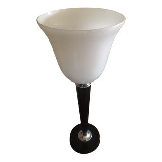 Art Deco Table Lamp in Black Lacquered Wood and White Opaline from Mazda For Sale