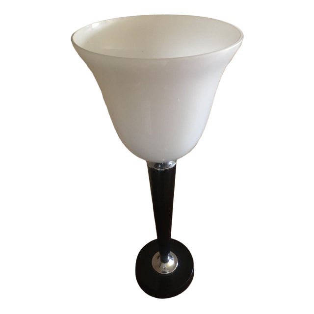 Art Deco Table Lamp in Black Lacquered Wood and White Opaline from Mazda For Sale
