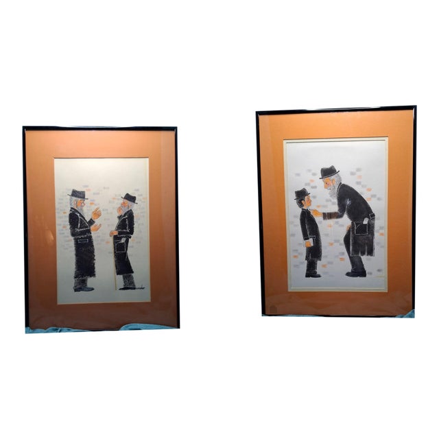 1990s Matched Pair Stuart Warshaw Signed Judaica Illustration Direct Artist Provenance For Sale