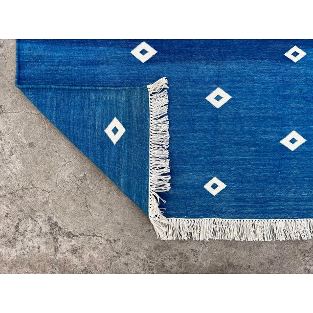Casa Cosima Not Yet Made - Made To Order Handmade Reversible Cotton Runner Rug Vegetable Dyed Blue and White Diamond Dhurrie Runner -3'x14' For Sale - Image 4 of 11