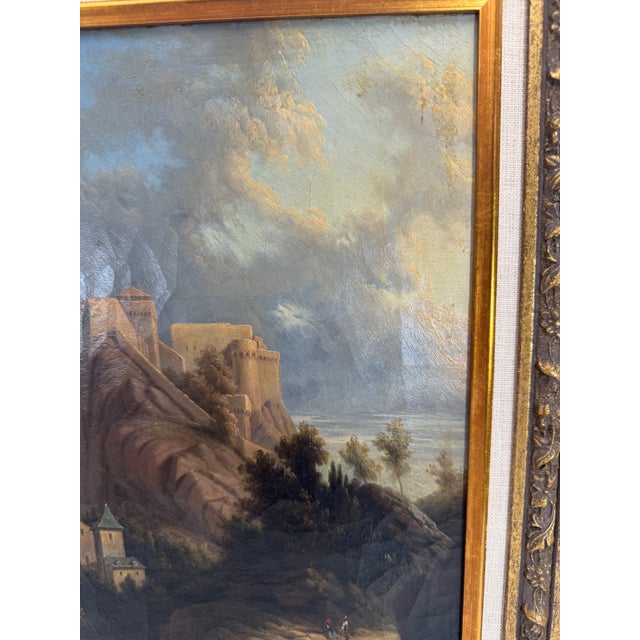 Gothic Antique European Landscape Oil Painting – Castle on a Hill, Gilded Frame For Sale - Image 3 of 6