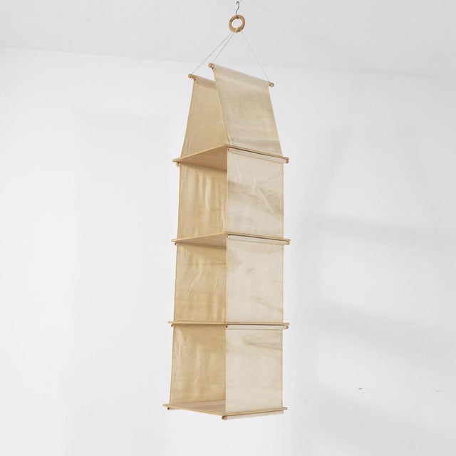 Hanging Wood and Linen Bookcase, 1970s For Sale - Image 6 of 13