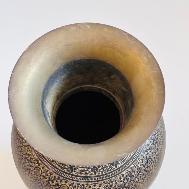 Large 13" Etched Brass Vase With Peacock Design For Sale - Image 10 of 11