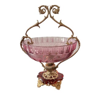 Italian Mid-Century Mauve Rose Cut Crystal and Brass Pedestal Compote Bowl For Sale