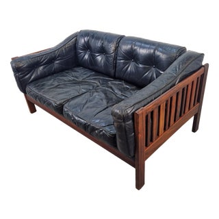 Mid-Century Modern Scandinavian Monte Carlo Sofa in Black Leather and Wood by Ingvar Stockum, 1965 For Sale